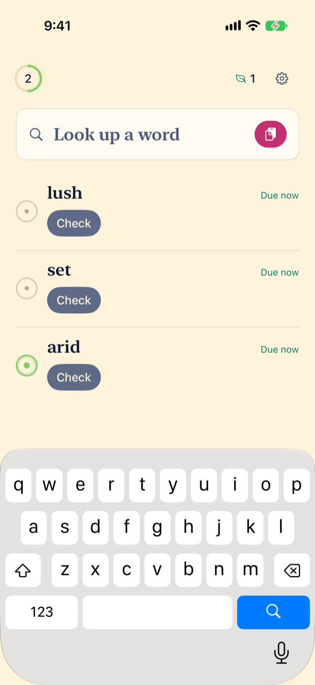 Miji's home screen. Under the Look up a word search field are three saved words, lush, set and arid. Each says Due now and has a Check button. The keyboard is open.