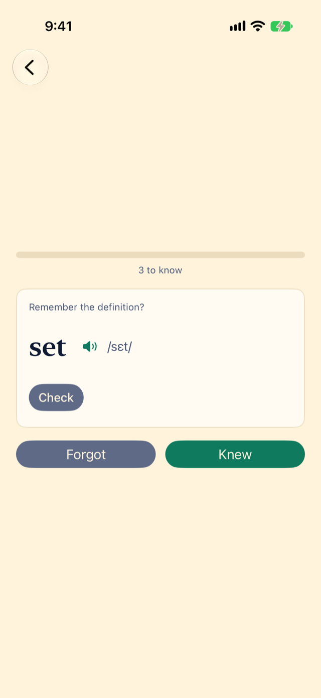 A Miji flashcard for the word set. It asks Remember the definition? and has a speaker button and a Check button. Forgot and Knew buttons sit below it, and 3 to know sits above it.