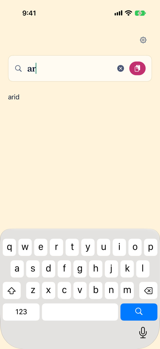 Miji's search field with the letters ar typed and one suggestion below it: arid. The keyboard is open.