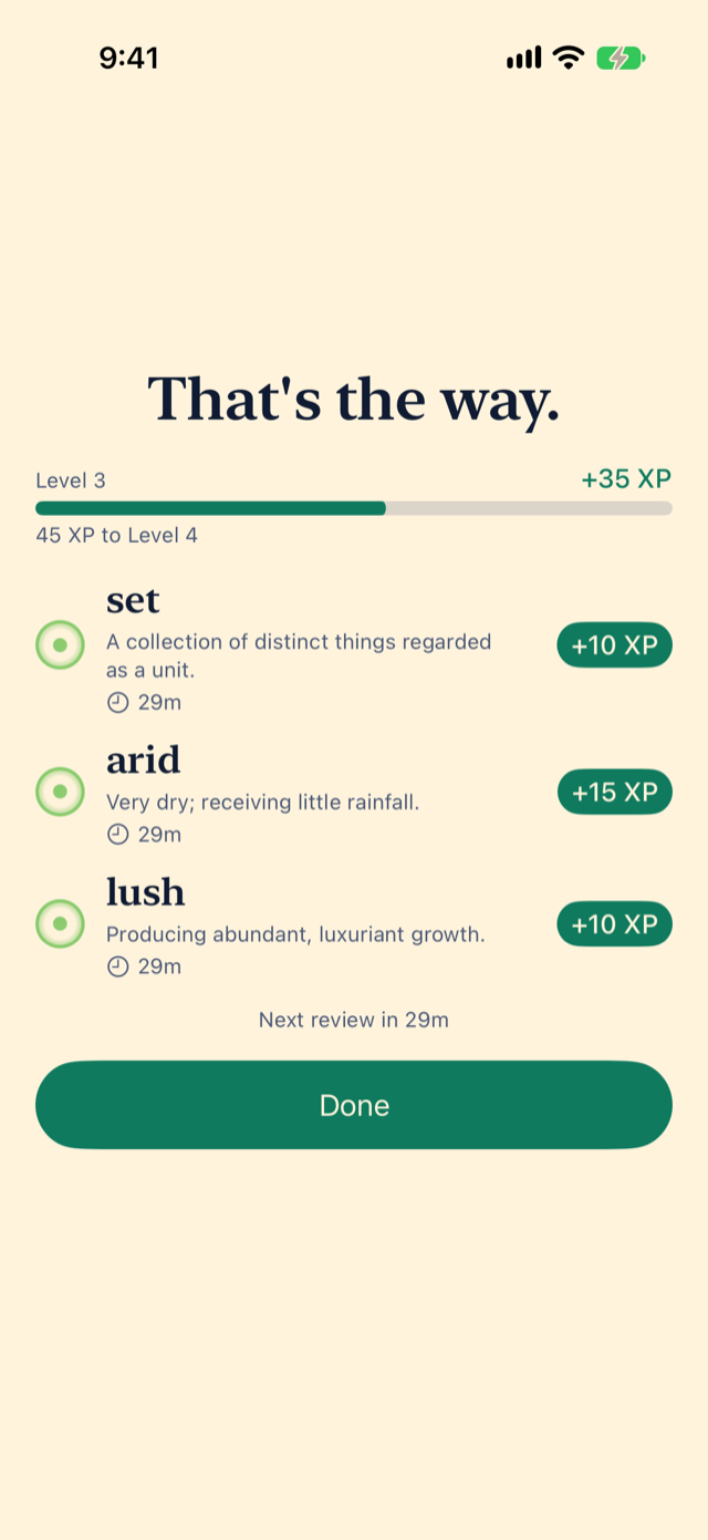 Miji's practice recap under a short line of praise. Level 3, +35 XP, 45 XP to Level 4. Three words, set, arid and lush, each show a meaning, the XP it earned and when it comes back. Below: Next review in 29m, and a Done button.