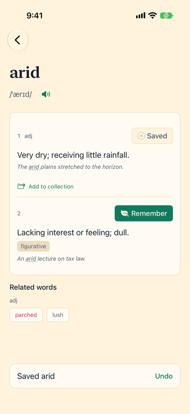 The arid page after Remember was tapped on the first meaning. Its button now says Saved, with Add to collection below. The second meaning still says Remember. A bar at the bottom says Saved arid, with an Undo button.